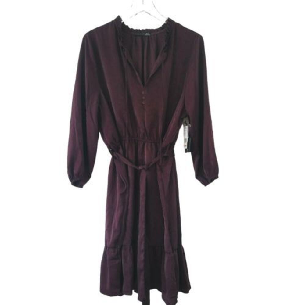 Black Tape Dress Size 1X‎ Plum Purple Long Sleeve Ruffle Hem Belt Boho Cottage